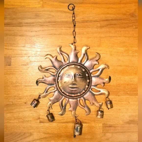 Sun Face Wind Chime Garden Art Copper Metal Work Rustic Whimsical - Picture 6 of 9